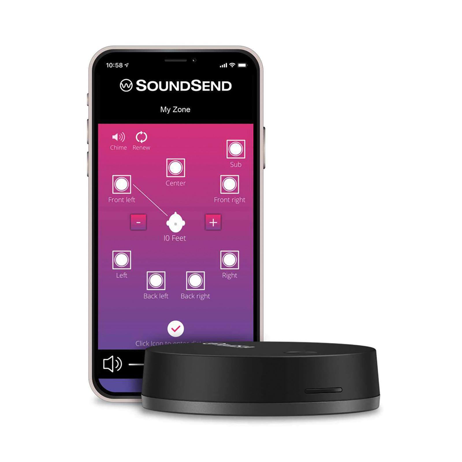 10:58  
SOUNDSEND  
My Zone  

Chime Renew  
Sub  
Center  
Front left  
Front right  
10 Feet  
Left  
Right  
Back left  
Back right  

Click Icon to enter device