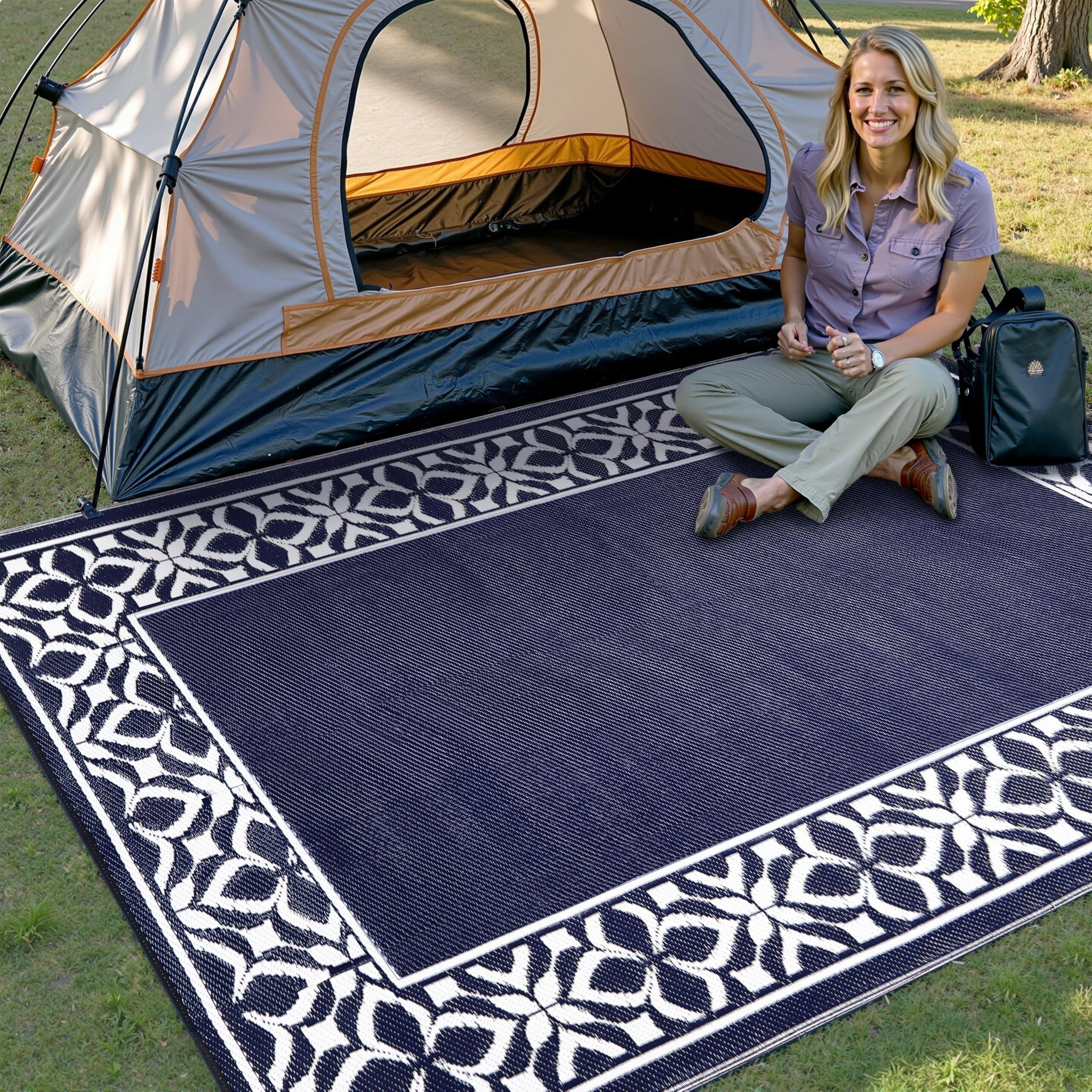 Left. Reds Spade - Outdoor Plastic Straw Rug Navy Large Outside Waterproof Patio Carpet Geometric Reversible Mat Modern For Ca... - Geo | Navy Blue-5' x 8' (Rectangular).