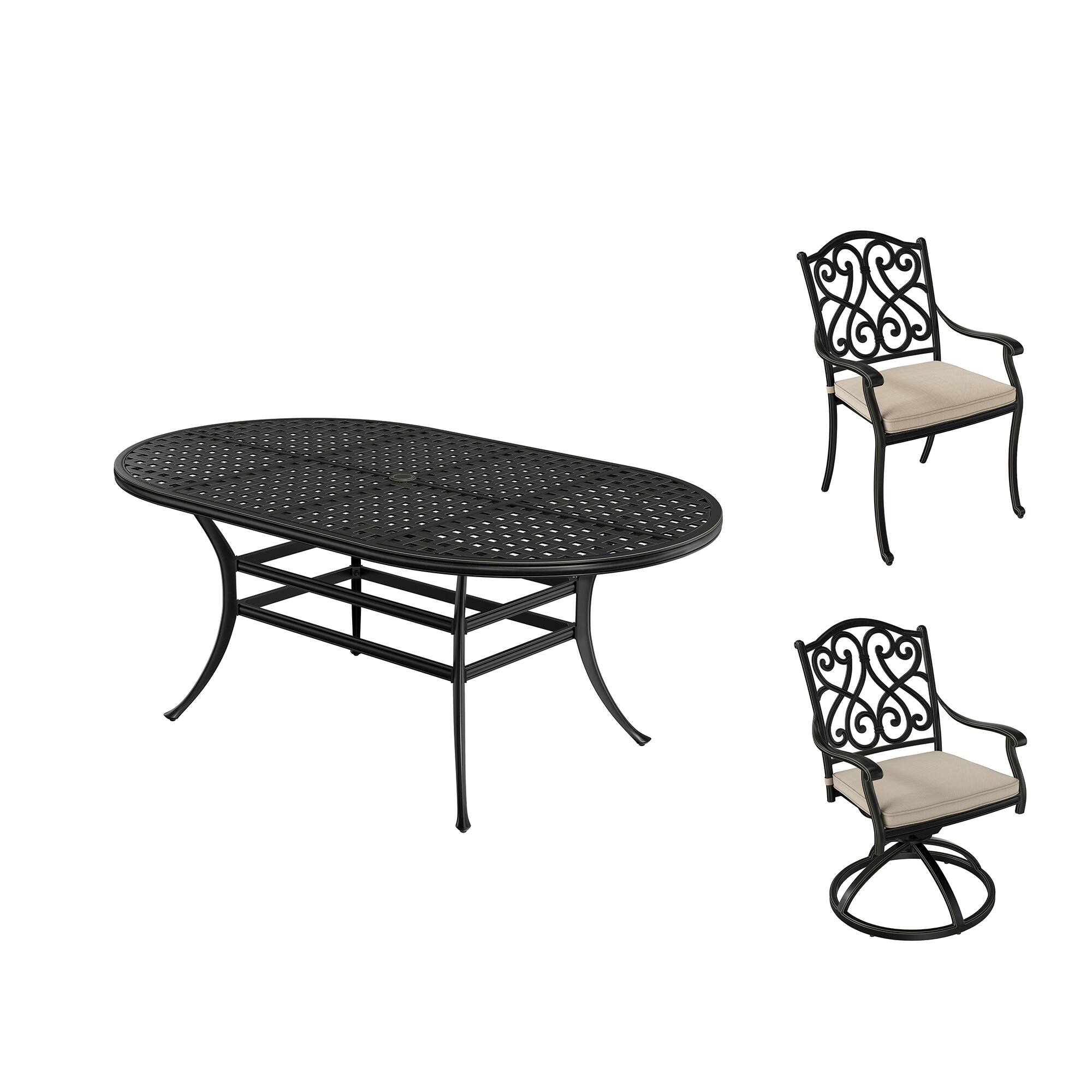 Alt View 1. Mondawe - 6 Person Elliptical Outdoor Dining Set with Cushions - Black+Beige.