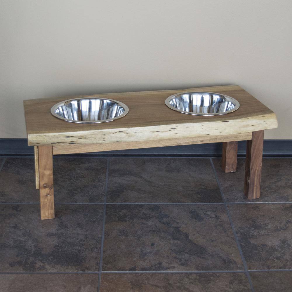 Angle. AmeriHome - Acacia Wood Live Edge Double Bowl Pet Feeder Stand - Brown.