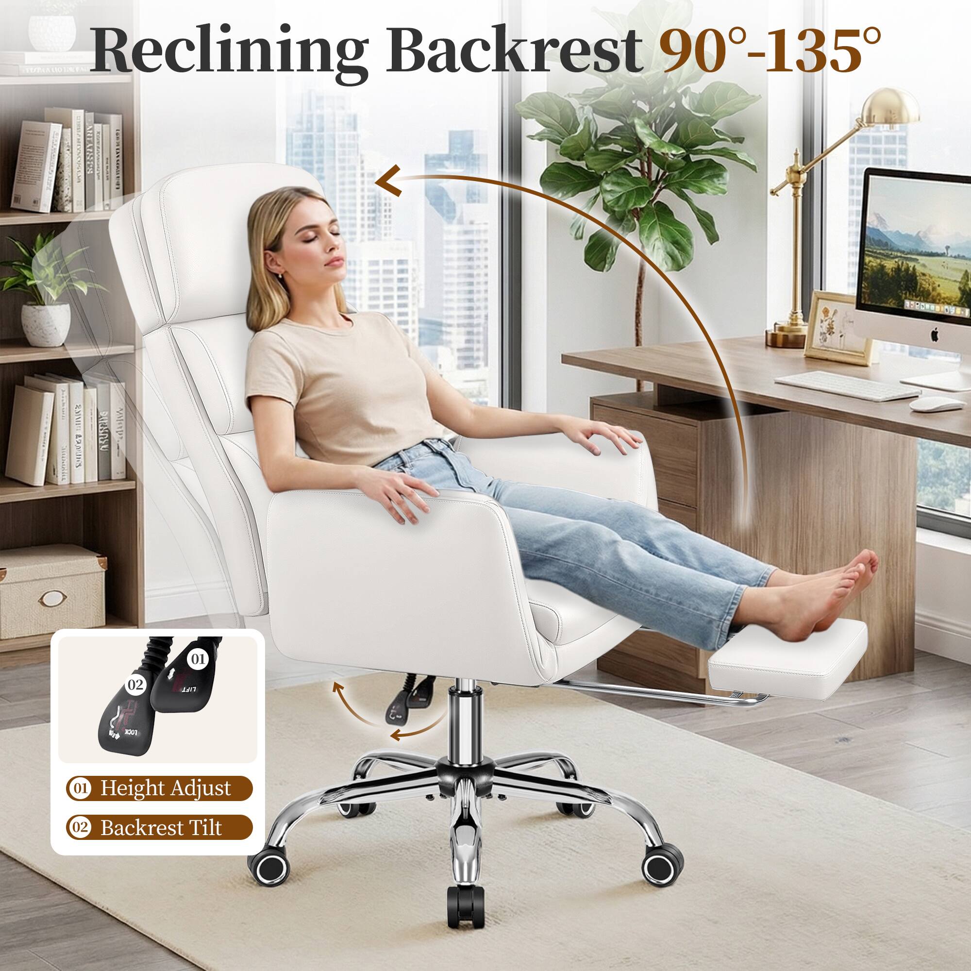 Reclining Backrest 90°-135°

01 Height Adjust
02 Backrest Tilt