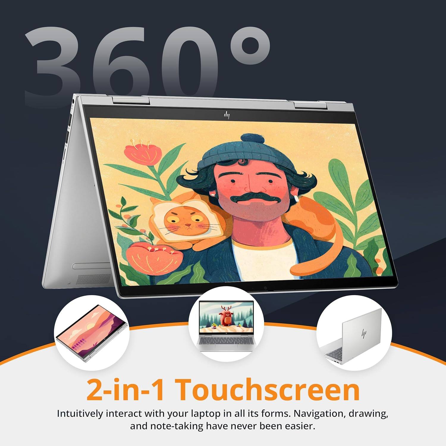 360° 2-in-1 Touchscreen Intuitively interact with your laptop in all its forms. Navigation, drawing, and note-taking have never been easier.