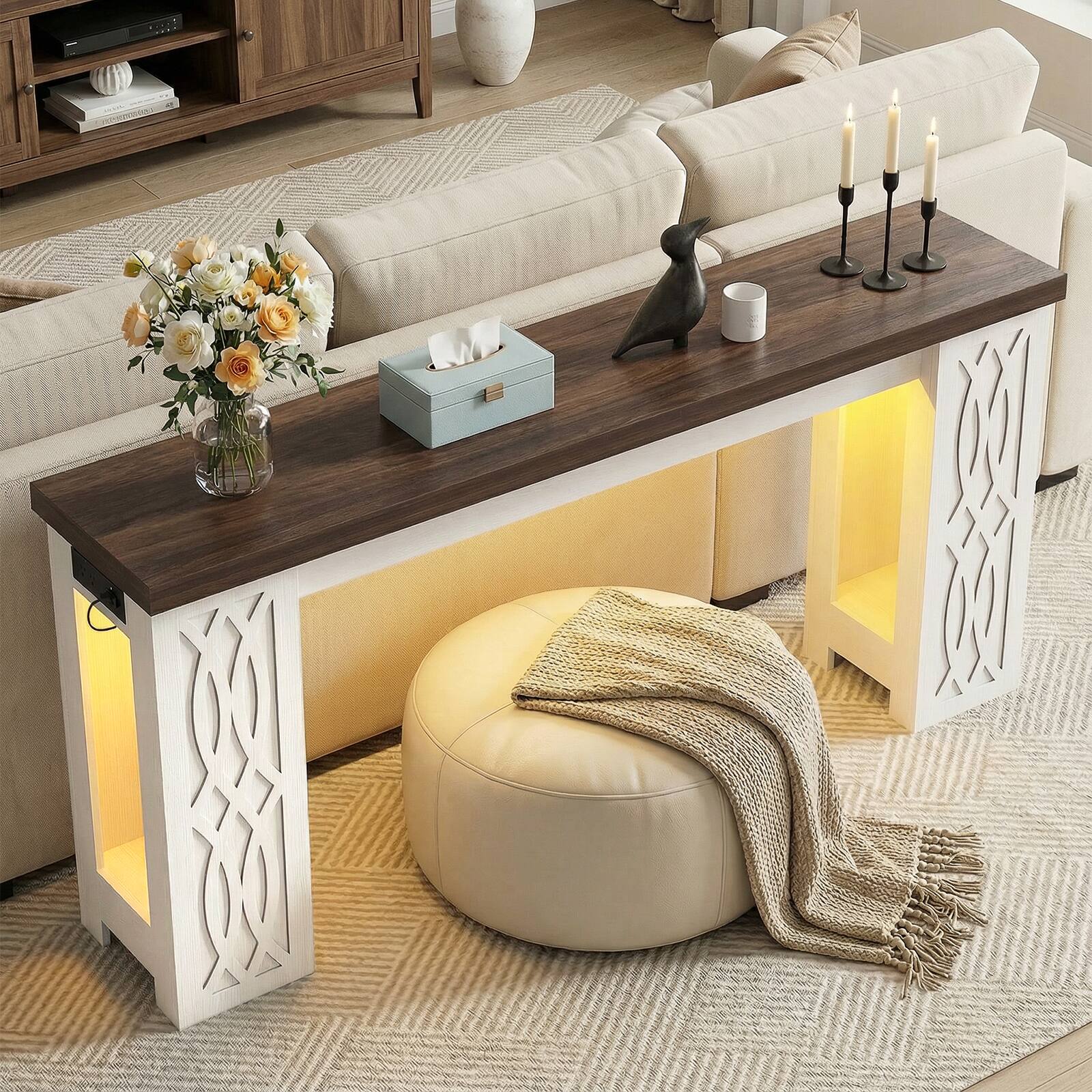 Alt View 5. Aheaplus - 63' Farmhouse Console Table - Narrow Entryway Table with Charging Station and RGB LED Lights - White & Walnut.