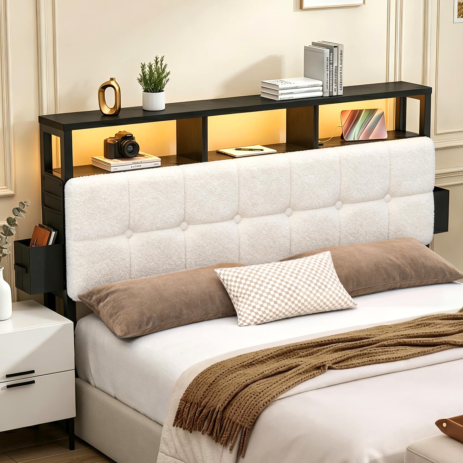 Pinmoco - Upholstered Headboard with Storage, Charging Station & LED Light, Headboard Only - Off-white
