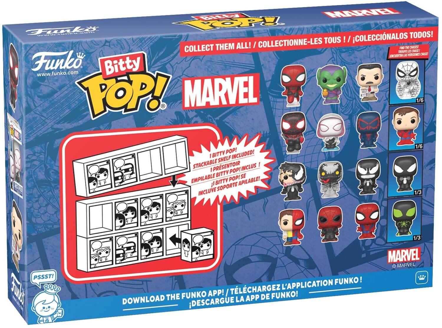 COLLECTIONNE-LES TOUS ! / COLLECT THEM ALL! / COLLECTIONNE-LES AN THE CASTS! TROUVE Ls OHAST! LAS FERSIONES CHASE CUENTR Funko Bitty www.funko.com TOP! MARVEL 1/6 1/6 BITTY POP! INCLUDED! I SHELF STACKABLE PRSENTOIR INCLUS! 1 POP! BITTY SE EMPILABLE BITTY POP! APILABLE! il SOPORTE INCLUVE 1/3 PSSST! L'APPLICATION FUNKO! FUNKO APP! / TLCHARGEZ FUNKO! DOWNLOAD THE LA APP DE DESCARGUE 1/3 MARVEL MARVEL