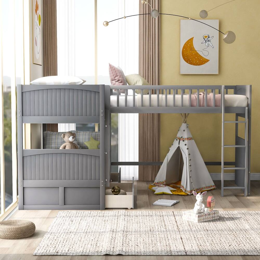 Left. Loheer - Loheer Triple Bunk Bed Twin Size with Loft Attached Gray Wood - Gray.