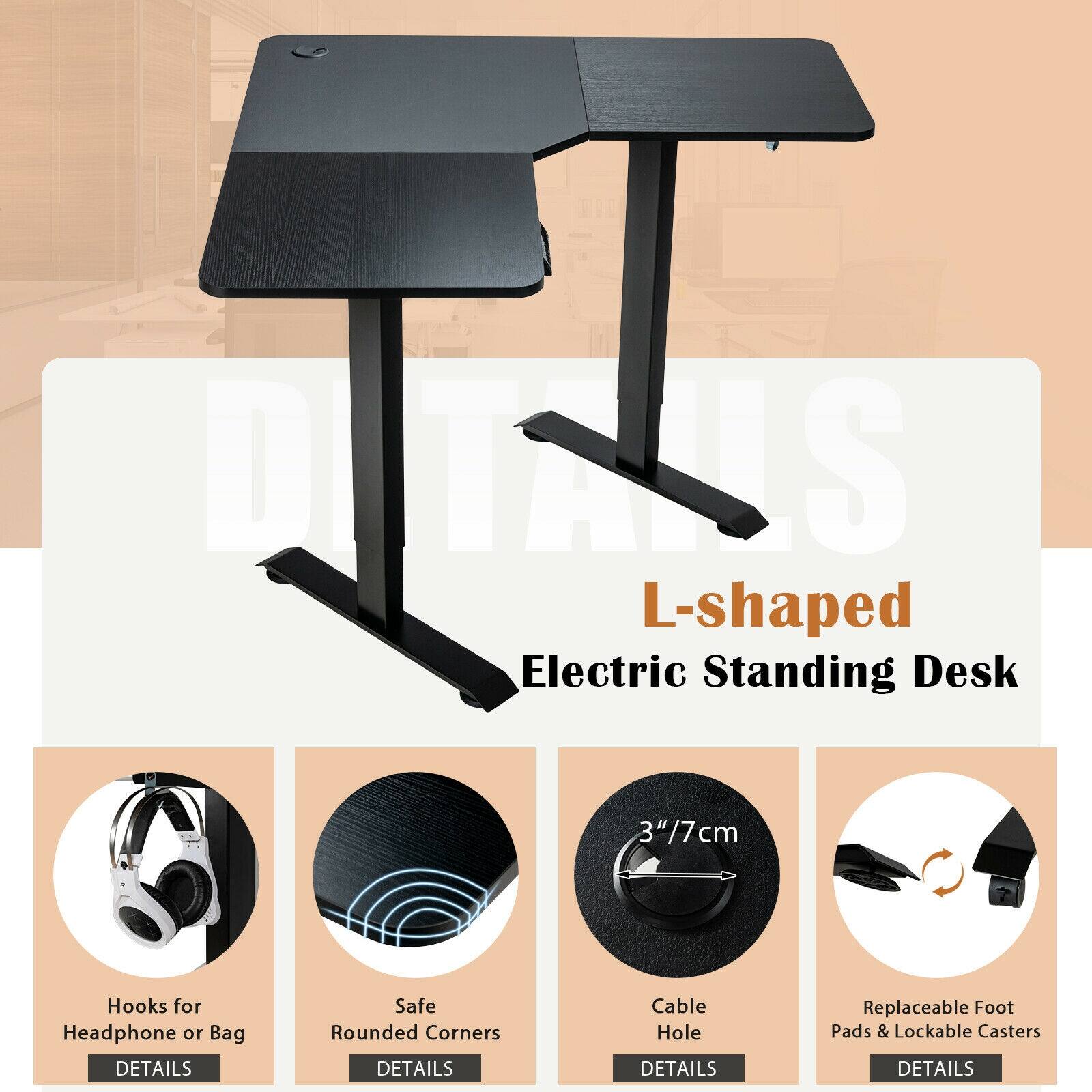 L-shaped Electric Standing Desk

- Hooks for Headphone or Bag
- Safe Rounded Corners
- Cable Hole
- Replaceable Foot Pads & Lockable Casters