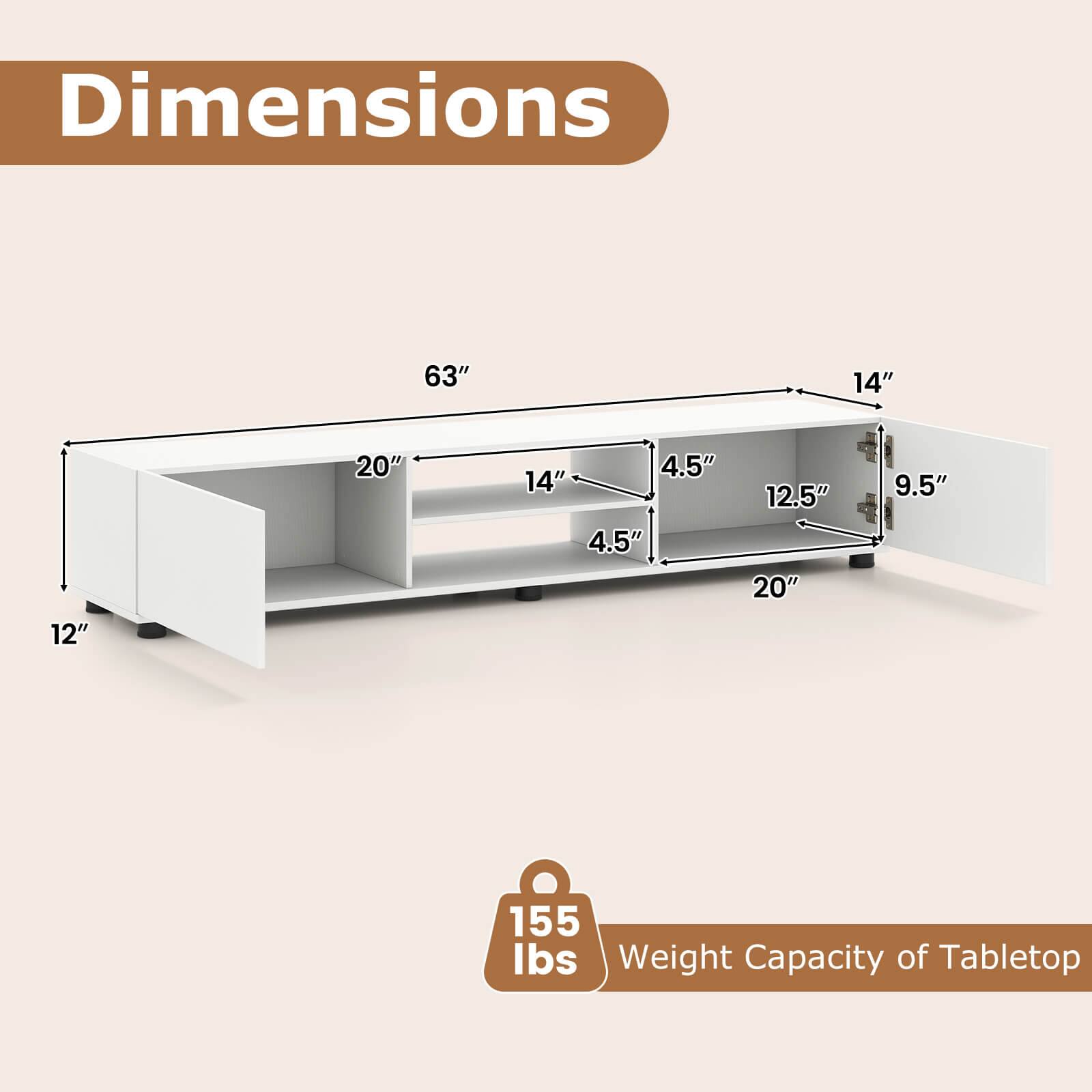 Dimensions: 63" x 14" x 20" x 4.5" x 14" x 4.5" x 12.5" x 20" x 9.5" x 12"  
Weight Capacity of Tabletop: 155 lbs