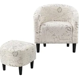 Hivvago - Letter Print French Upholstered Barrel Chair and Ottoman Set - White