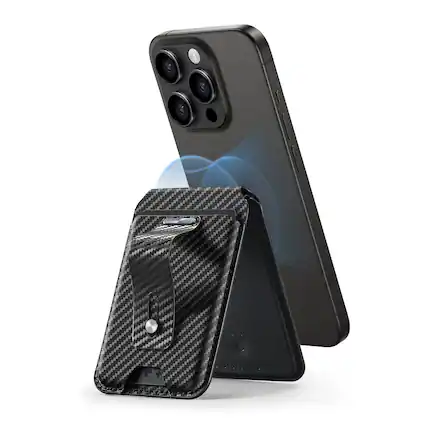 Front. ESR Gear - MagSafe Vegan Leather Wallet Stand with FindMy for iPhone 16, 15, 14, 13 Pro, Pro Max, & Mini - Carbon Fiber.