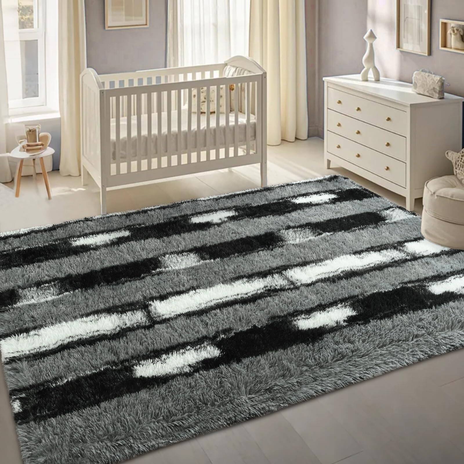 Alt View 3. Fabibe - Fluffy Area Rugs For Bedroom Living Room 4x6 Black And Grey Soft Plush Striped Rug... - D-black White-5' x 7' (Rectangular).