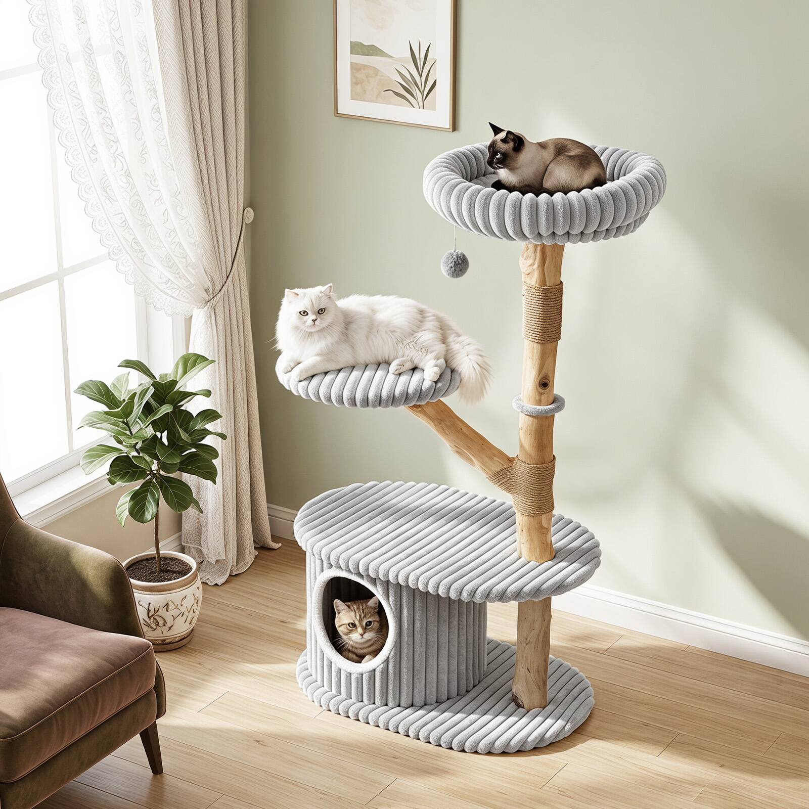 Alt View 2. Gymax - Gymax 41 Inch Tall Modern Cat Tower w/Real Wood Branches Scratching Posts Cozy Bed Gray - Gray.