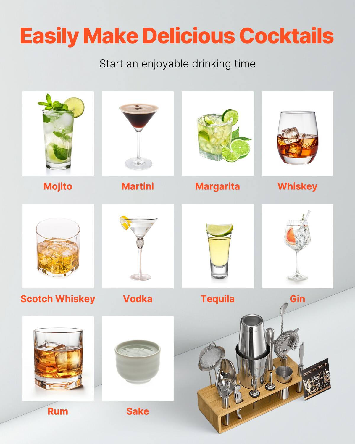 Easily Make Delicious Cocktails  
Start an enjoyable drinking time  

Mojito  
Martini  
Margarita  
Whiskey  
Scotch Whiskey  
Vodka  
Tequila  
Gin  
Rum  
Sake