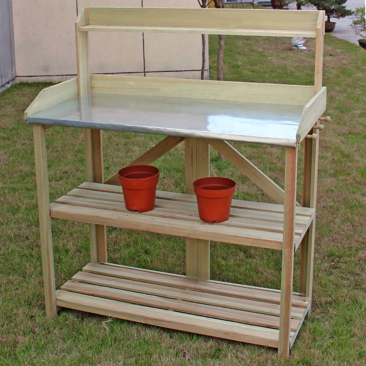 Alt View 2. Costway - Outdoor Garden Wooden Potting Work Bench Station Planting Workbench W/ 3 Shelf - Natural.