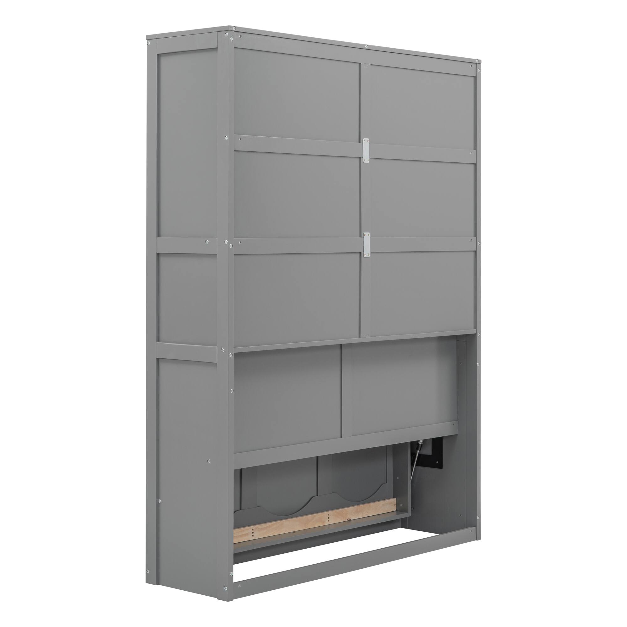 Back. Tiramisubest - Full Size Murphy Bed with Shelves, Gray, Solid Wood + MDF, Space-Saving - Gray.