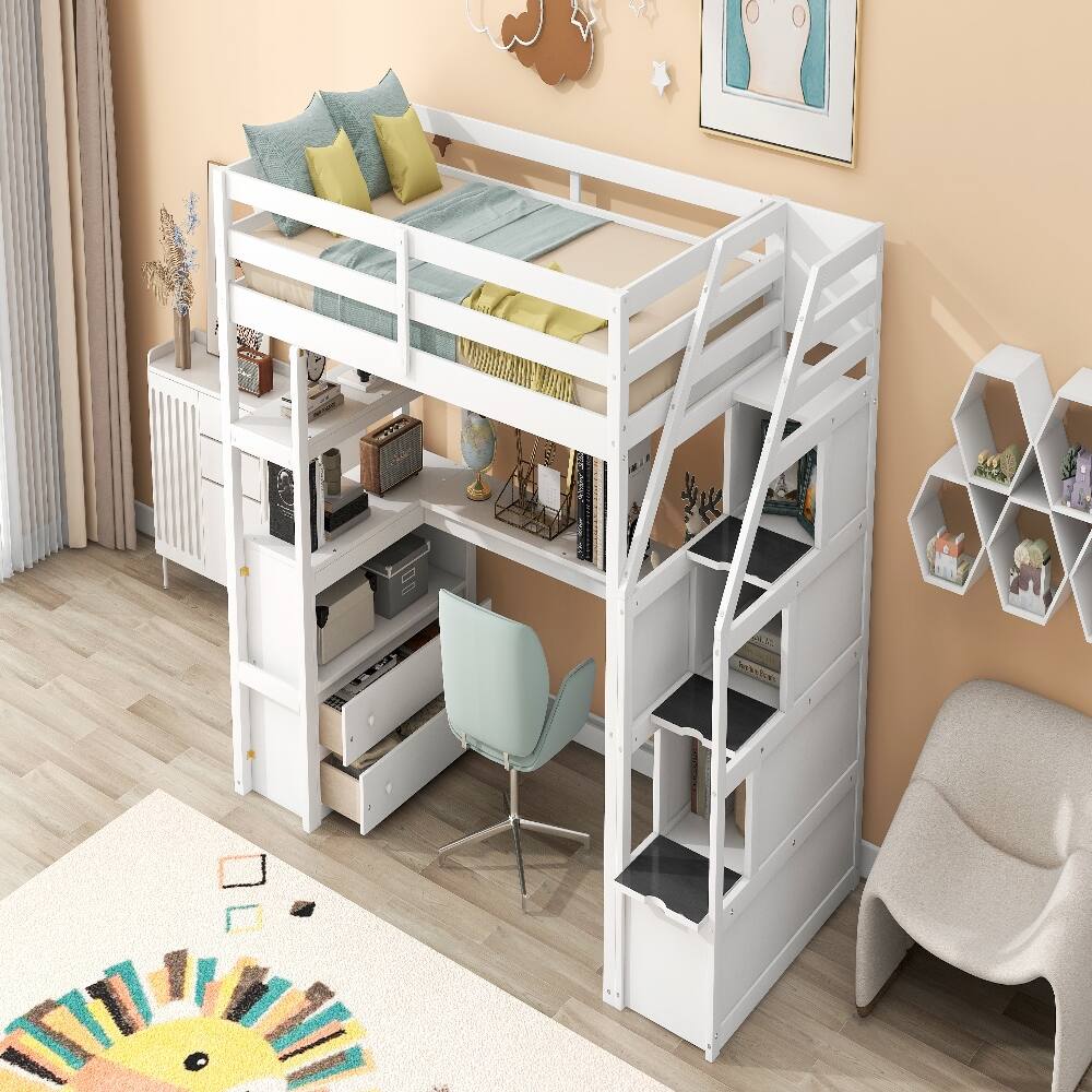 Back. Loheer - Loheer Twin Loft Bed with Desk Shelves Storage Stairs White - White.
