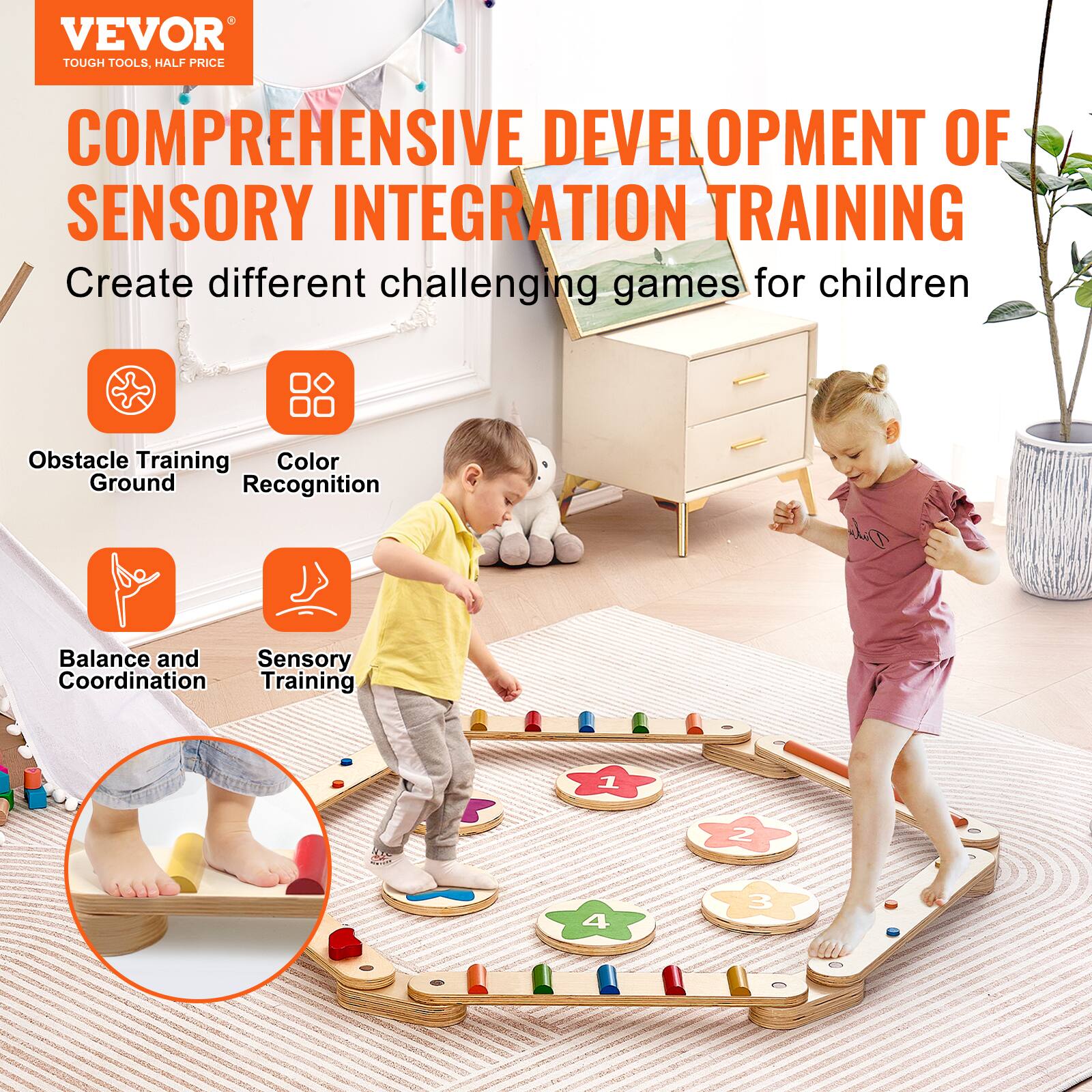VEVOR  
TOUGH TOOLS, HALF PRICE

COMPREHENSIVE DEVELOPMENT OF SENSORY INTEGRATION TRAINING

Create different challenging games for children

- Obstacle Training Ground
- Color Recognition
- Balance and Coordination
- Sensory Training