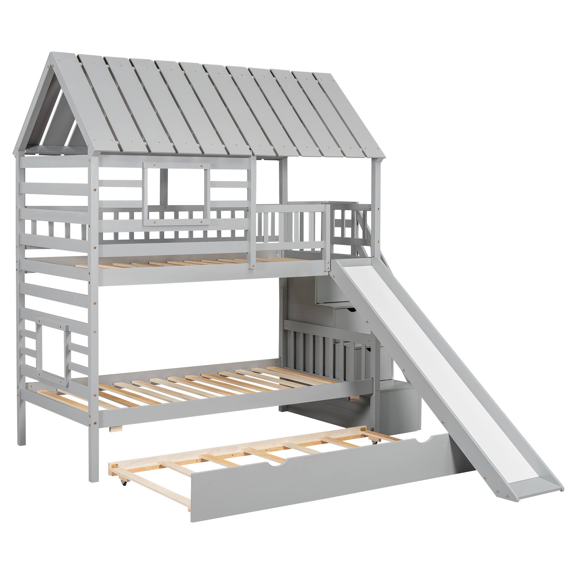 Alt View 7. Tiramisubest - Twin Bunk Bed with Trundle, Slide, Storage Staircase, Roof & Window, Gray - Gray.