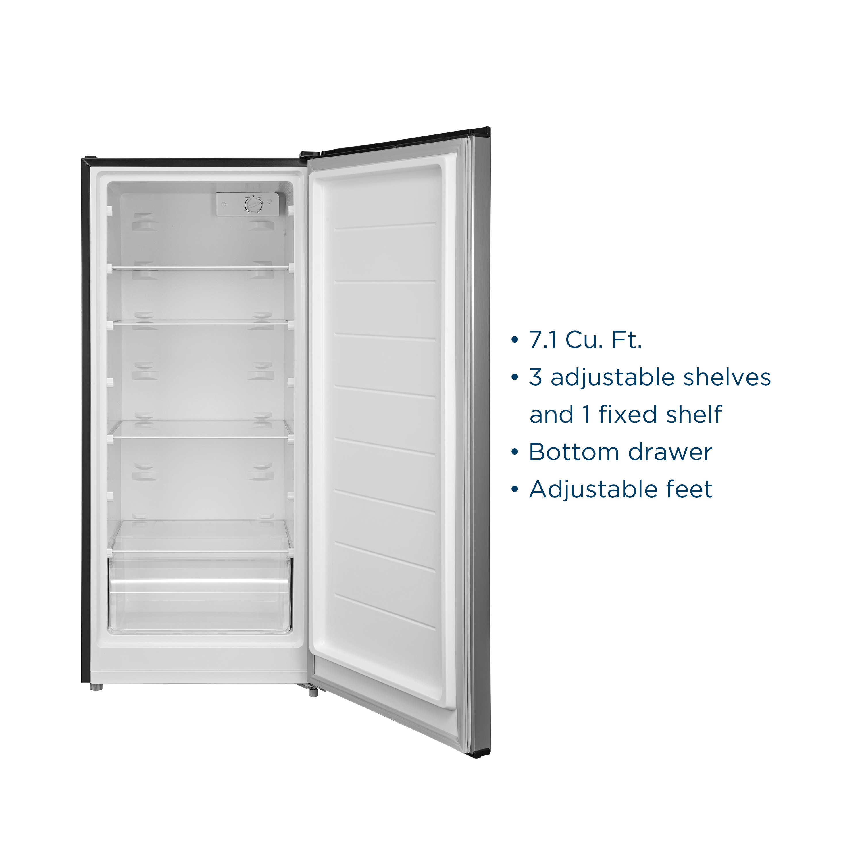 - 7.1 Cu. Ft.
- 3 adjustable shelves and 1 fixed shelf
- Bottom drawer
- Adjustable feet