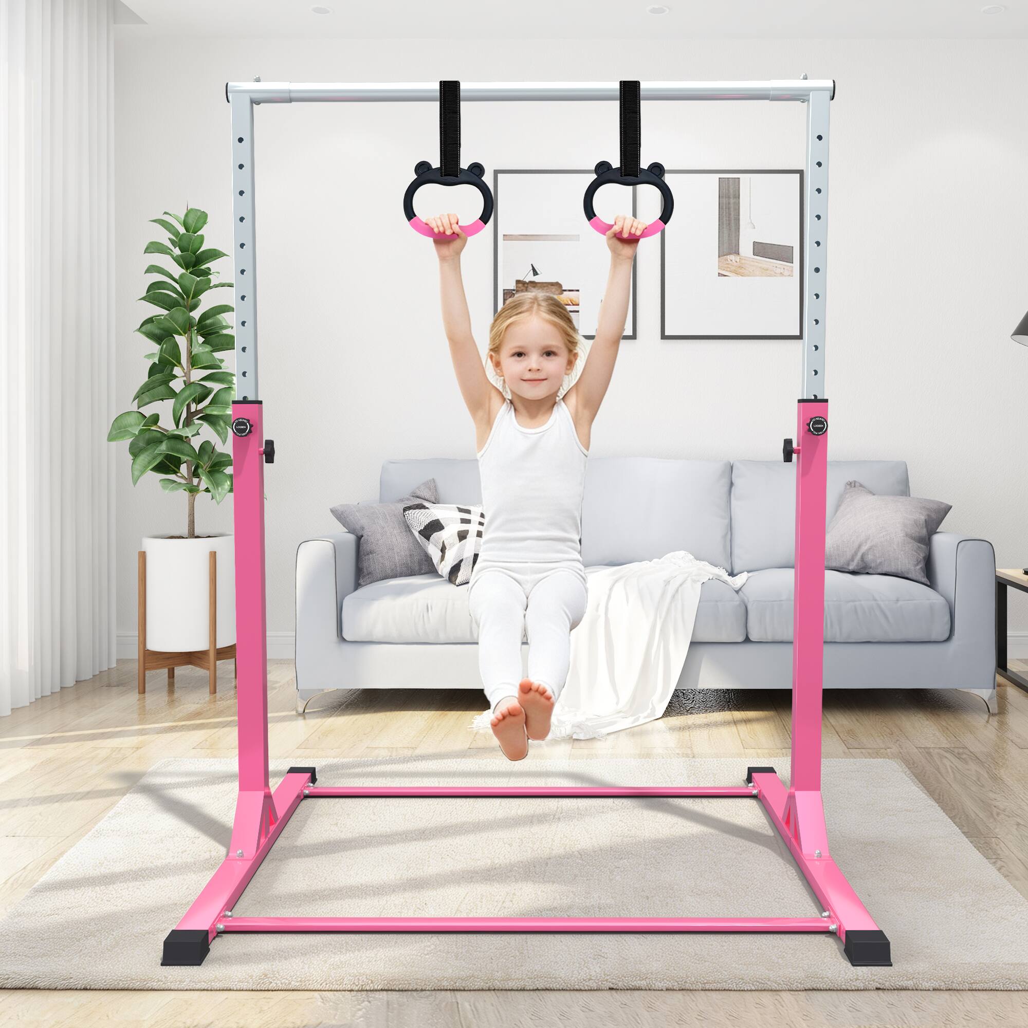 Angle. Ainfox - Ainfox Gymnastics Bar for Kids Adjustable Height with Pull Rings Training Horizontal Bars for Home - Pink.