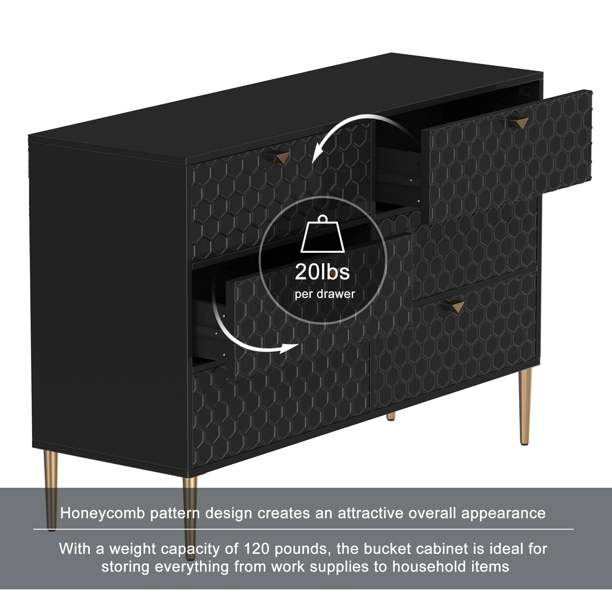 20lbs per drawer

Honeycomb pattern design creates an attractive overall appearance

With a weight capacity of 120 pounds, the bucket cabinet is ideal for storing everything from work supplies to household items