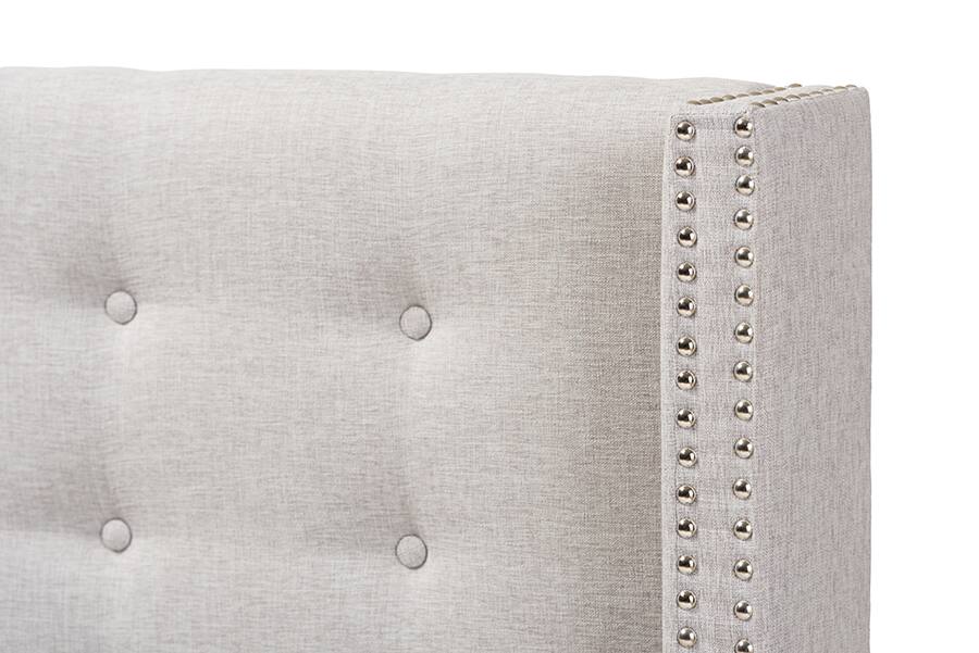 Left. Baxton Studio - Ginaro Modern And Contemporary Fabric Button-Tufted Nail head Queen Size Winged Headboard - Greyish Beige.