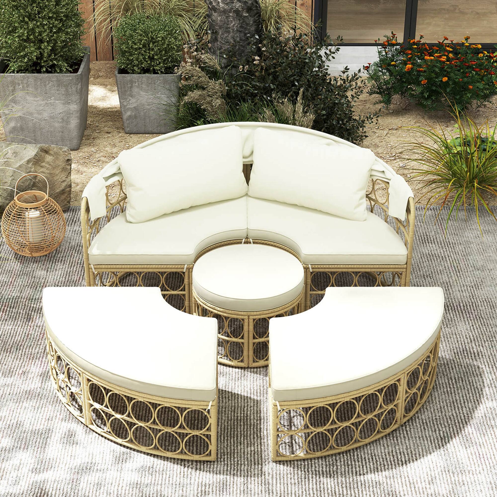 Alt View 4. Costway - Outdoor Patio Round Daybed with Retractable Canopy Soft Cushions for Garden - White.
