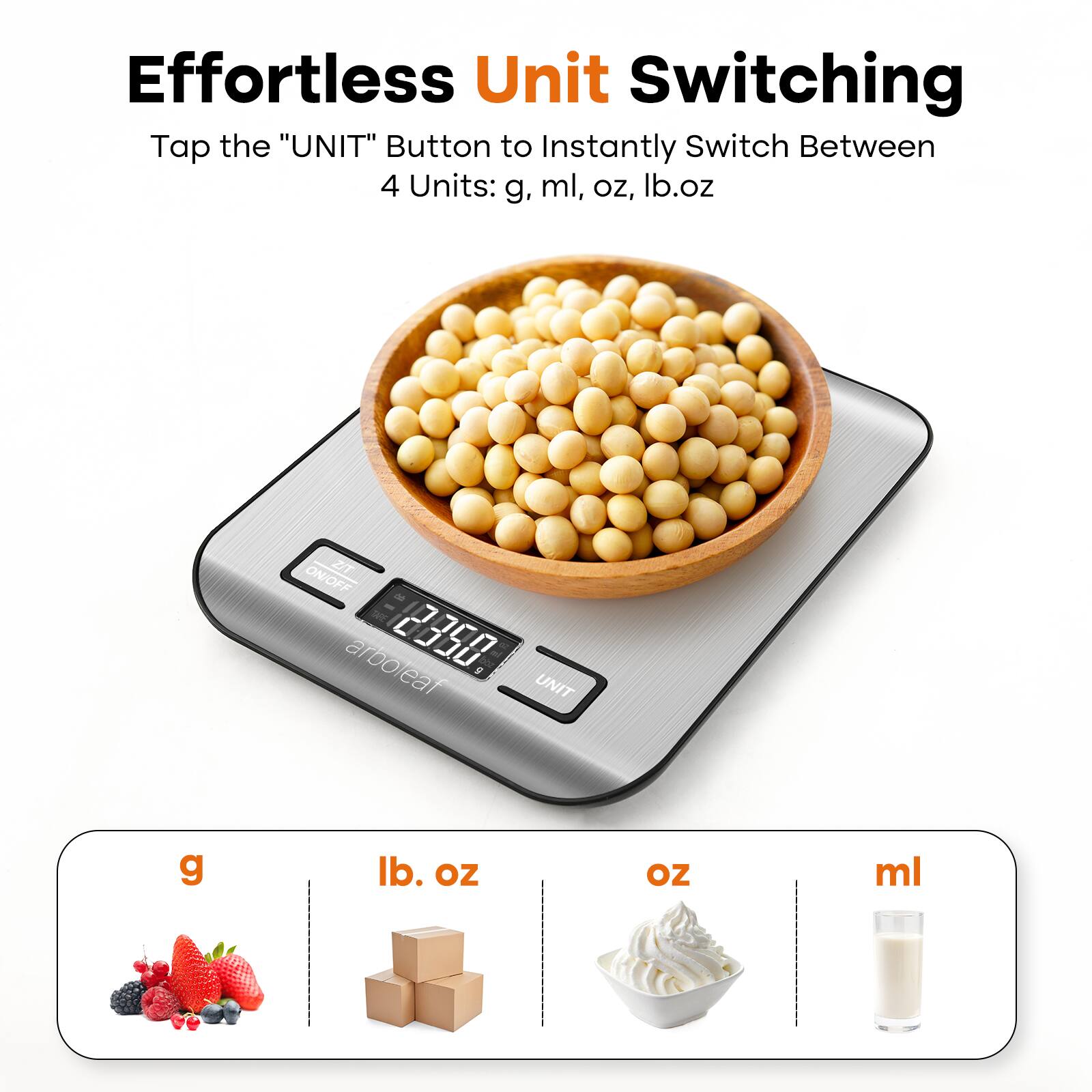 Effortless Unit Switching: Tap the "UNIT" button to instantly switch between 4 units: g, ml, OZ, lb.oz.