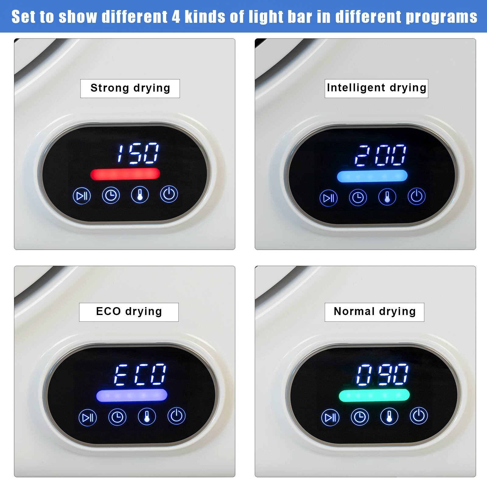 Set to show different 4 kinds of light bar in different programs

- Strong drying: 150
- Intelligent drying: 200
- ECO drying: ECO
- Normal drying: 090