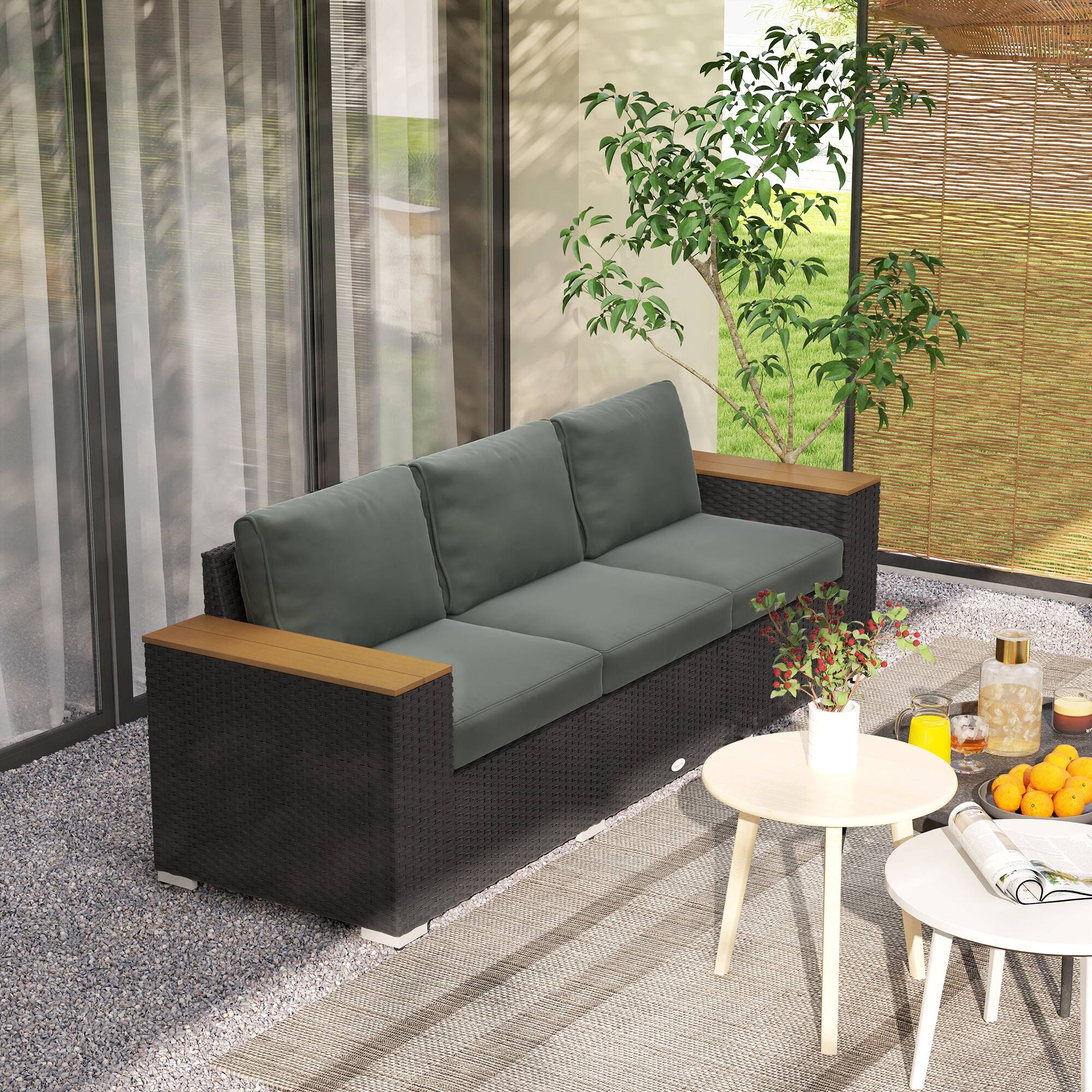 Alt View 7. Outsunny - Outdoor Patio Sofa, PE Wicker Outdoor Couch with Extra Wide Deep Seat, Wide Armrests 4" Cushions - Dark Gray.