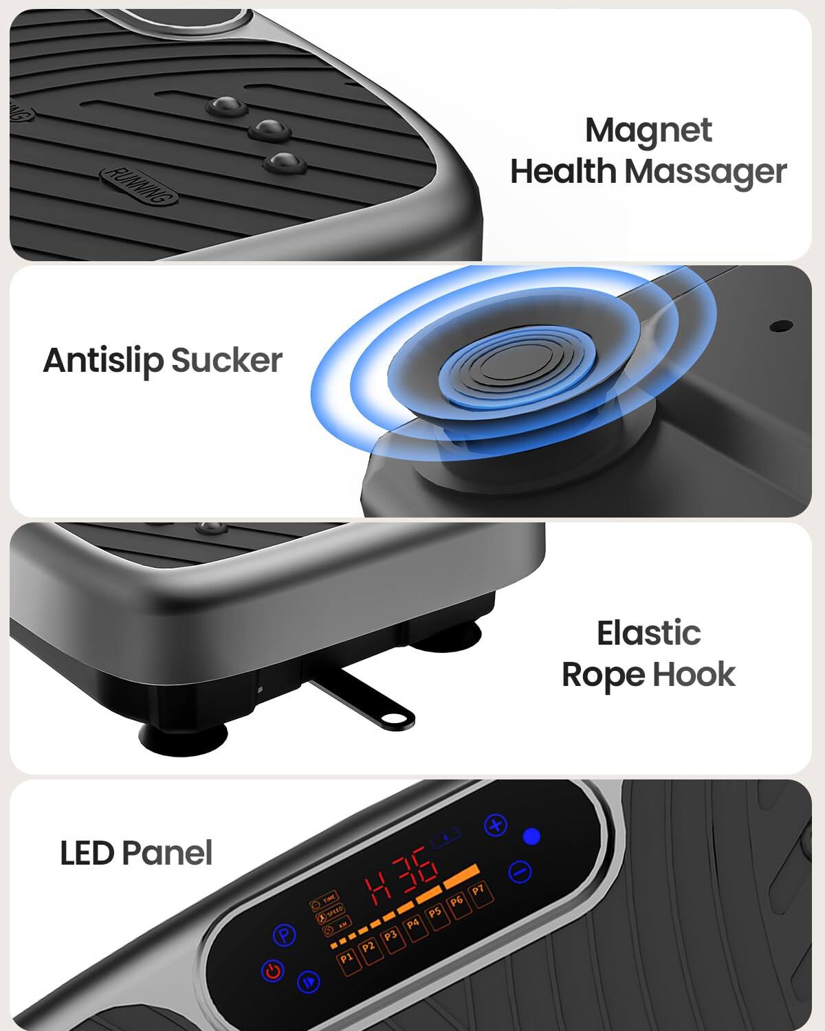 RUNMING Magnet Health Massager  
Antislip Sucker  
Elastic Rope Hook  
LED Panel  

P7  
P6  
P5  
P4  
P3  
P2  
P1  
C41