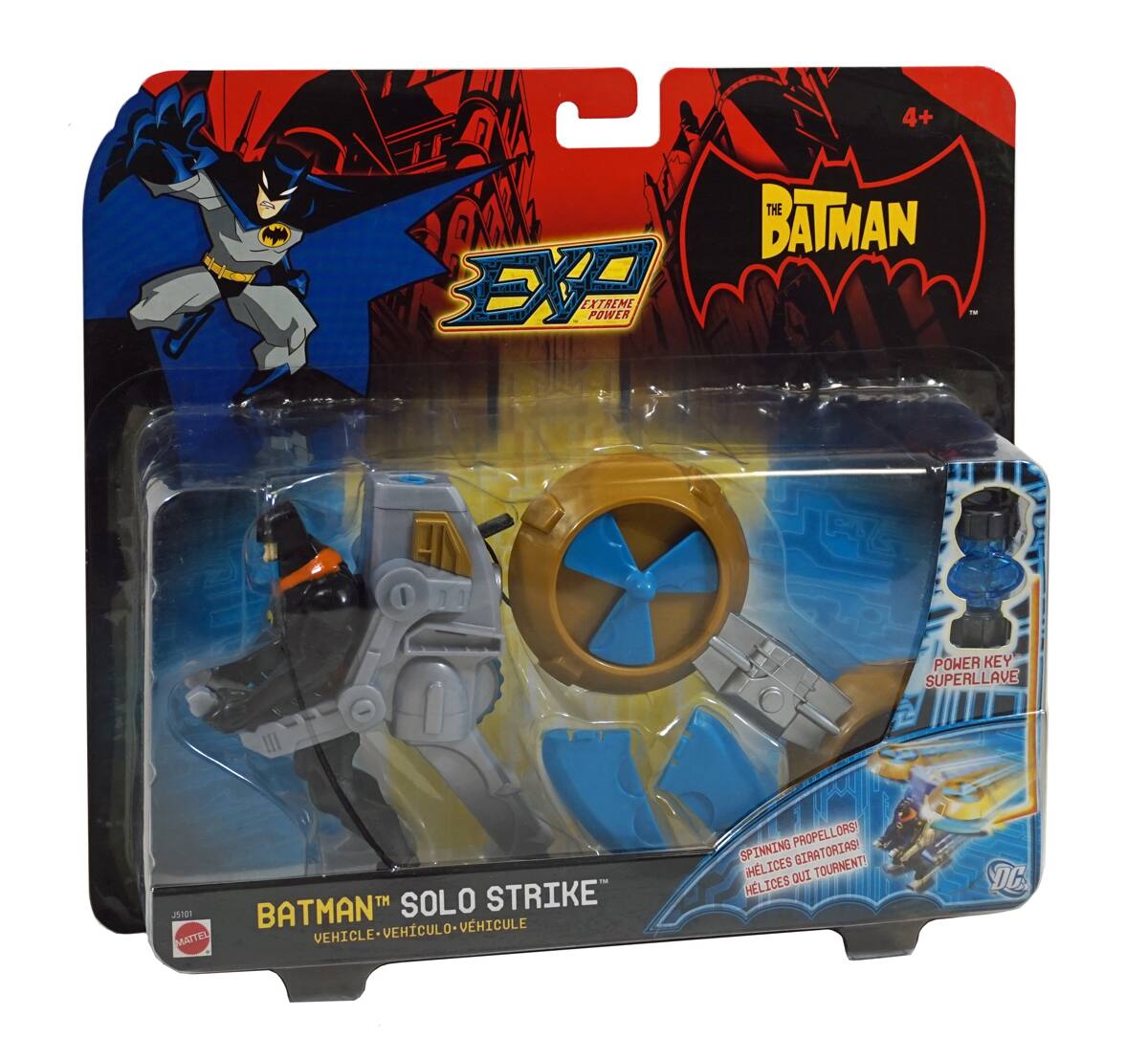 4+  
THE BATMAN  
EXTREME POWER  

BATMAN™ SOLO STRIKE  
VEHICLE - VEHICULO - VEHICULE  

POWER KEY SUPERLLAVE  

SPINNING PROPELLORS  
HELICES GIRATORIAS  
HELICES QUI TOURNENT!  

MATTEL