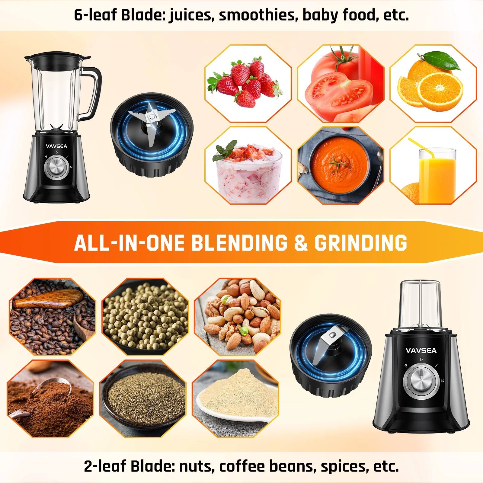 6-leaf Blade: juices, smoothies, baby food, etc.

ALL-IN-ONE BLENDING & GRINDING

2-leaf Blade: nuts, coffee beans, spices, etc.