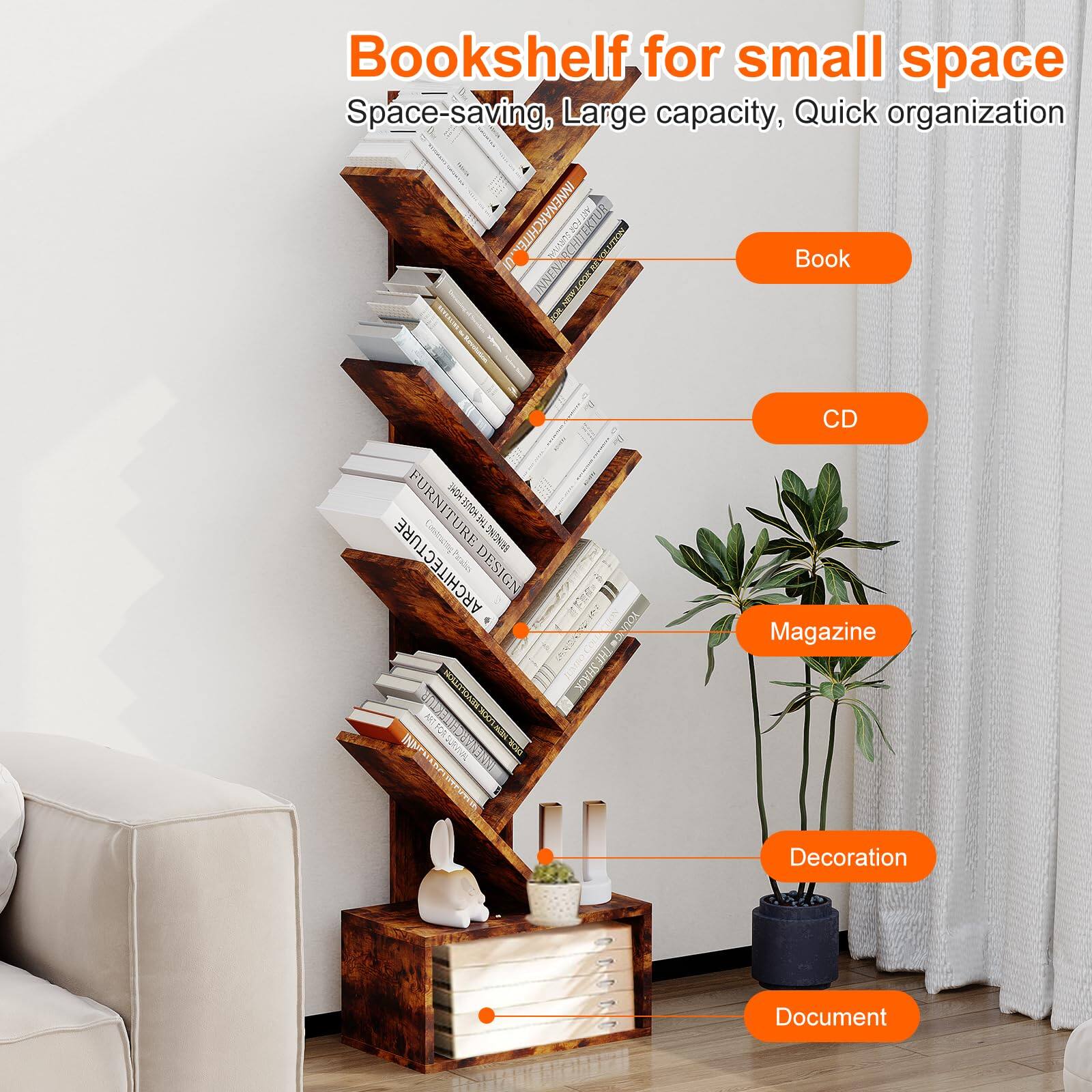 Bookshelf for small space  
Space-saving, Large capacity, Quick organization  

Book  
CD  
Magazine  
Decoration  
Document