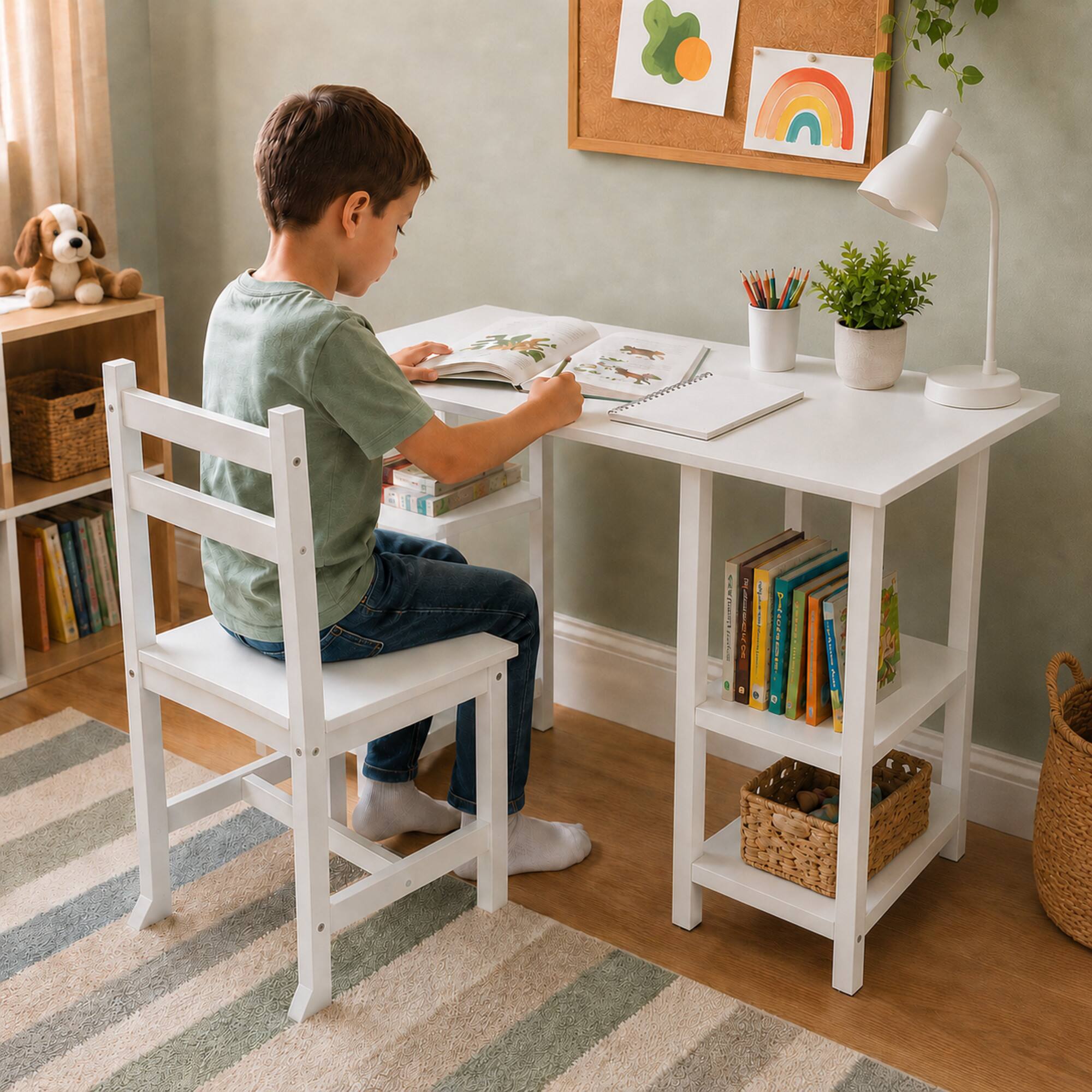 Back. Teamson Kids - Fantasy Fields Play Desk with Shelves and Chair, White - White.