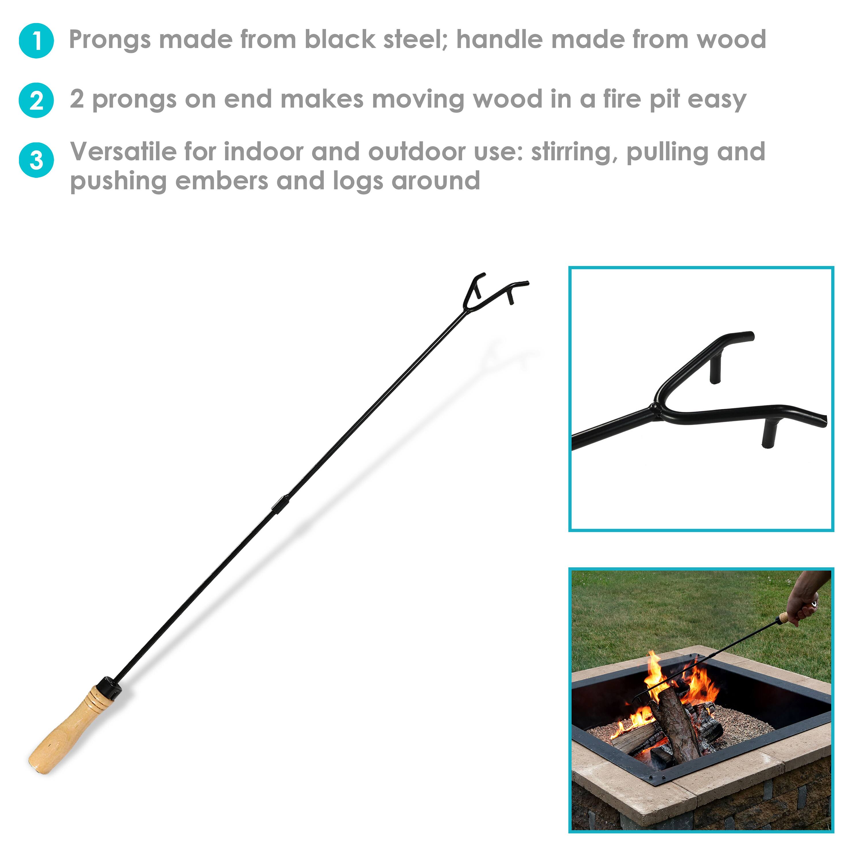 1. Prongs made from black steel; handle made from wood  
2. 2 prongs on end makes moving wood in a fire pit easy  
3. Versatile for indoor and outdoor use: stirring, pulling and pushing embers and logs around