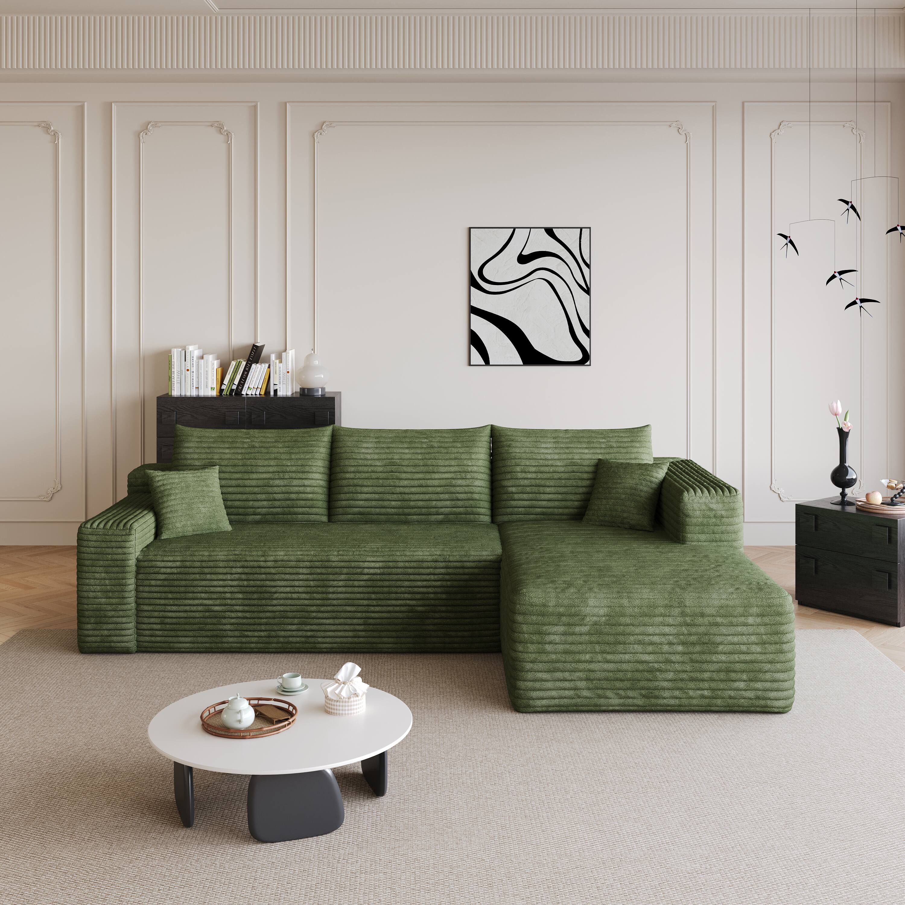 Alt View 3. Meqiodas - 95" Sectional Sofa with L-Shape Lounge,Soft Corduroy Modular Couch for Living Room, Deep Seat Corner Couch, No Assembly - Green.