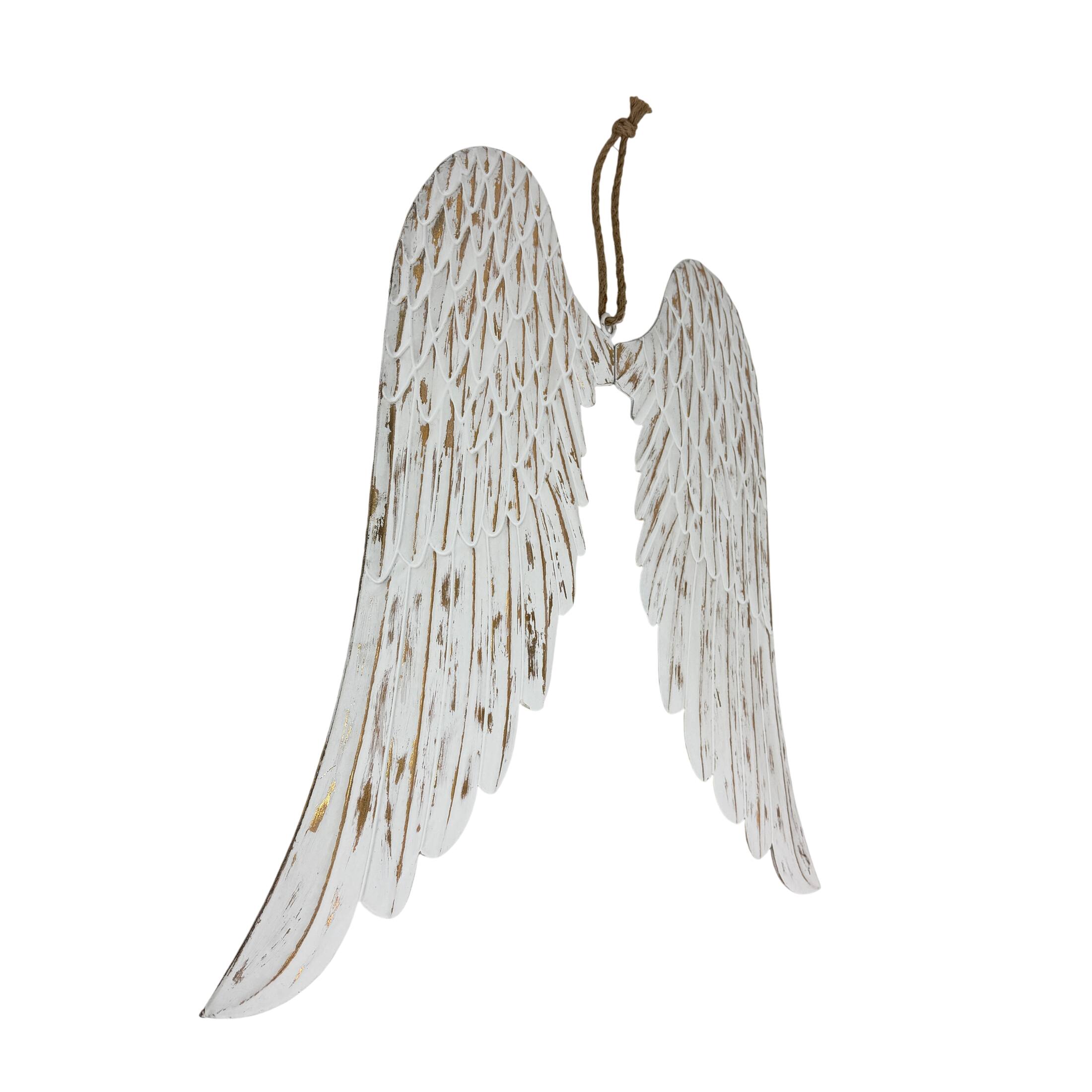 Alt View 1. Zeckos - Metal Angel Wings Wall Sculpture Distressed White with Gold Accents 34 Inch Wide - White.