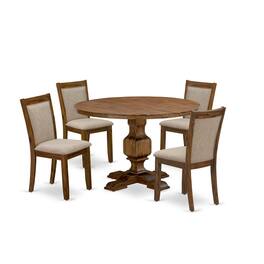 East West Furniture - 5-Pc Dinner Table Set - Round Kitchen Table and 4 Light Tan Color Parson Chairs with High Back - Multi-Color