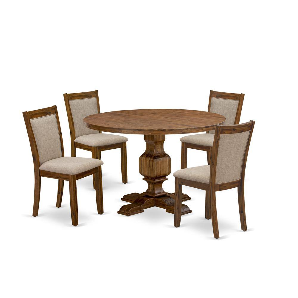 East West Furniture - 5-Pc Dinner Table Set - Round Kitchen Table and 4 Light Tan Color Parson Chairs with High Back - Multi-Color