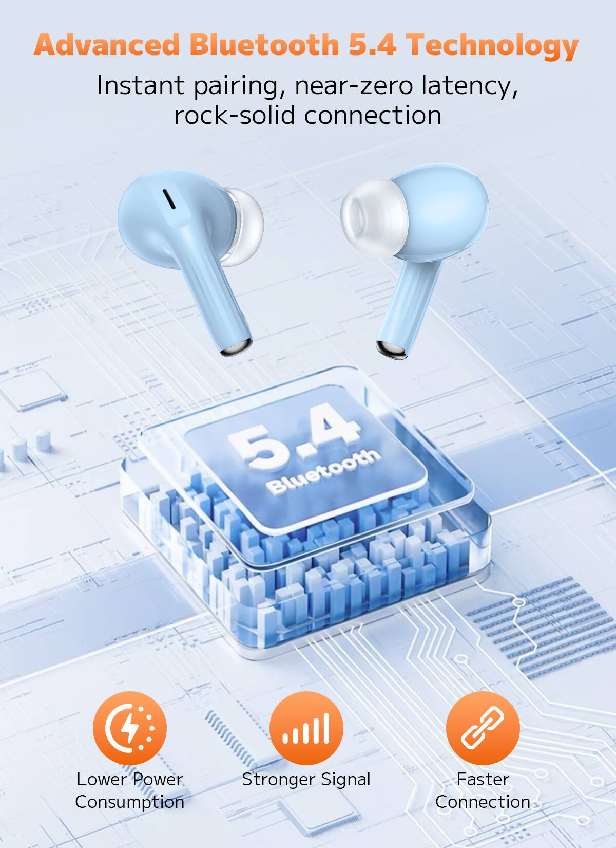 Advanced Bluetooth 5.4 Technology  
Instant pairing, near-zero latency, rock-solid connection  

- Lower Power Consumption  
- Stronger Signal  
- Faster Connection