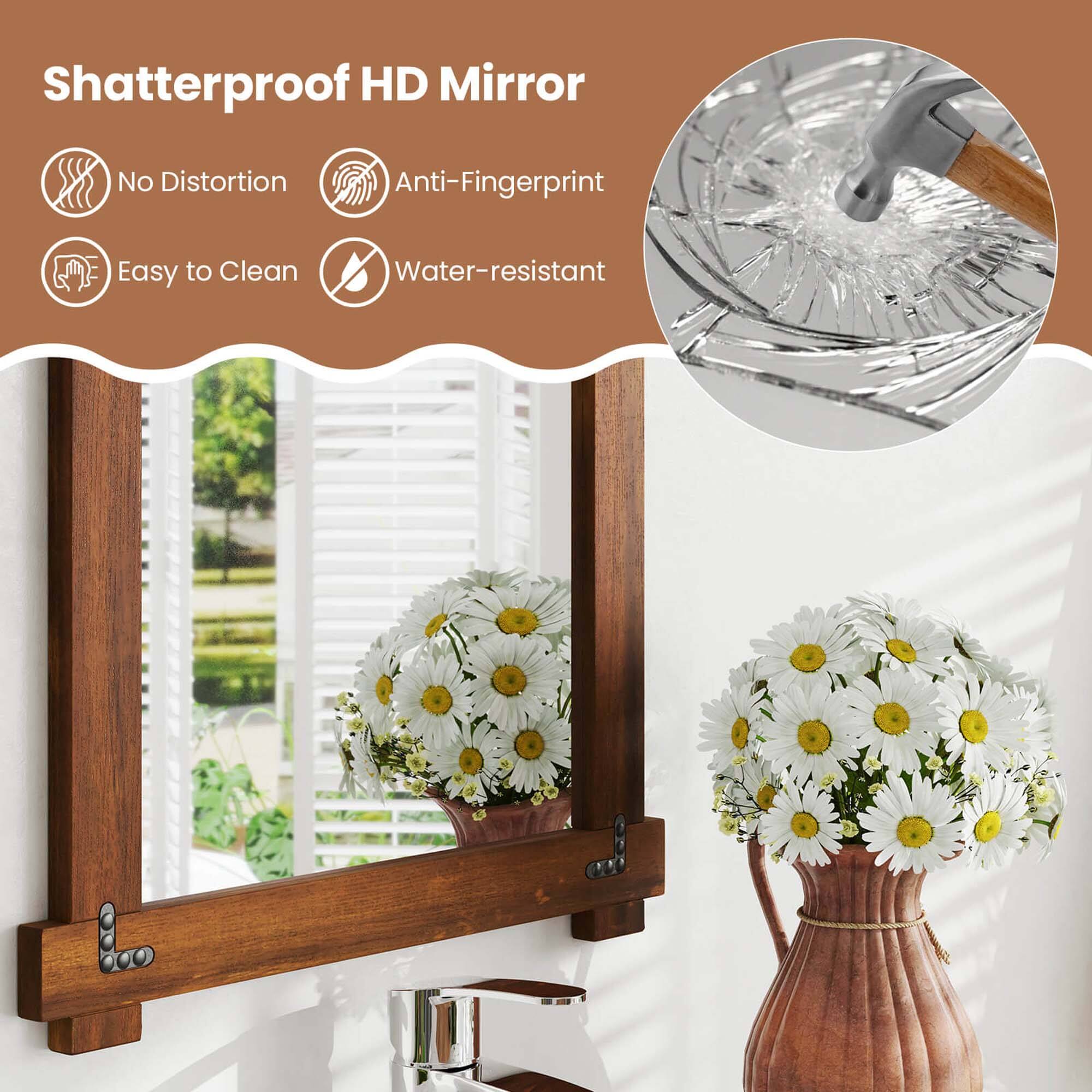 Shatterproof HD mirror with no distortion, anti-fingerprint, and easy to clean features, as well as being water-resistant.