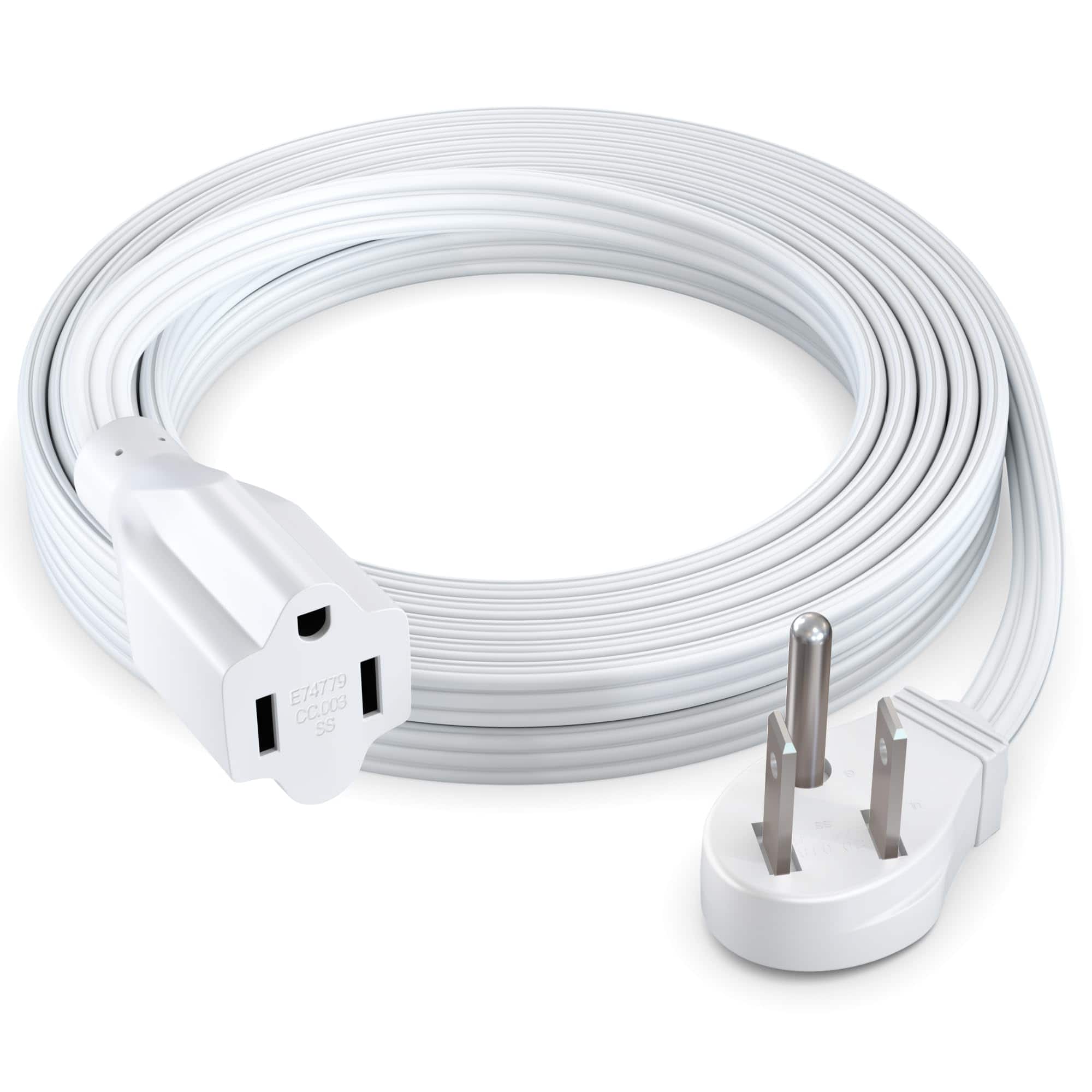 Maximm - Extension Cord (10 ft) 1 Outlet Flat Wire, 3-Prong 45° Angled Flat Plug, 16 AWG Power Cord - UL Certified - White