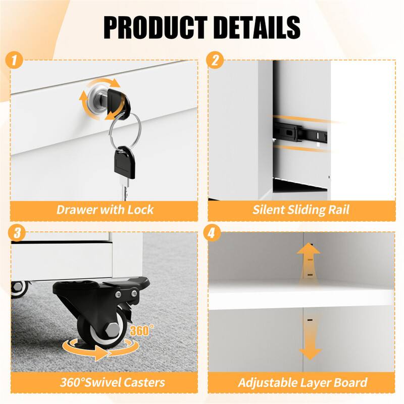 PRODUCT DETAILS

1. Drawer with Lock
2. Silent Sliding Rail
3. 360° Swivel Casters
4. Adjustable Layer Board