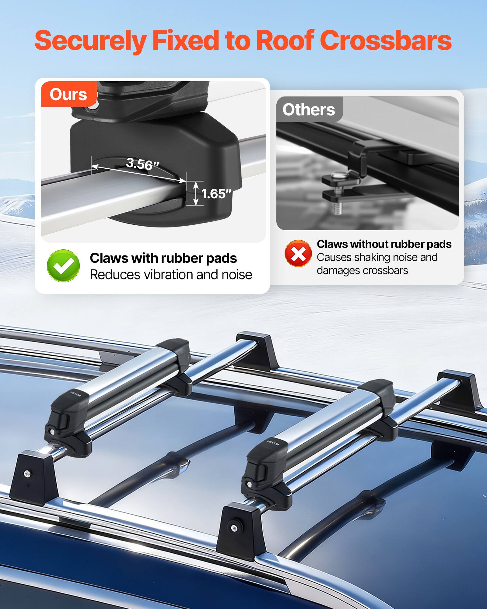 Securely Fixed to Roof Crossbars

Ours
- Claws with rubber pads
  - Reduces vibration and noise

Others
- Claws without rubber pads
  - Causes shaking noise and damages crossbars