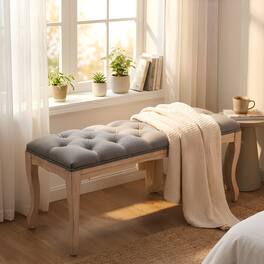 Ropilly - Upholstered Bedroom Bench French Vintage Tufted Entryway Bench Grey Linen Ottoman Seat - Gray