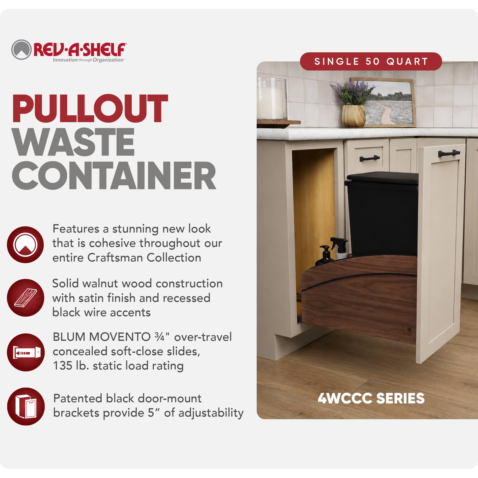 Rev A Shelf Wood Pullout Waste Container, Soft Close, 50 qt, Black ...