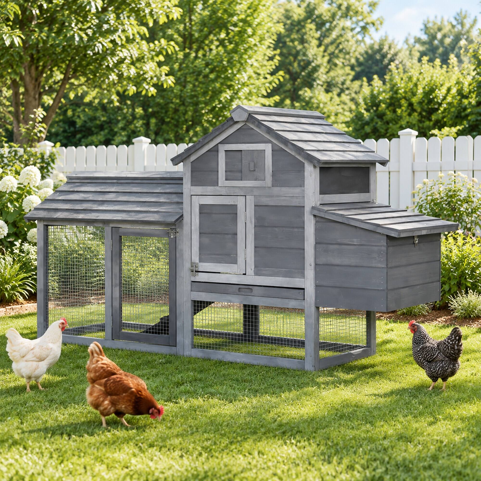 Alt View 2. RYHNUYNE - Wooden Chicken Coop, Fir Hen House, Elevated Box and Run, 59.25 in L, Grey.