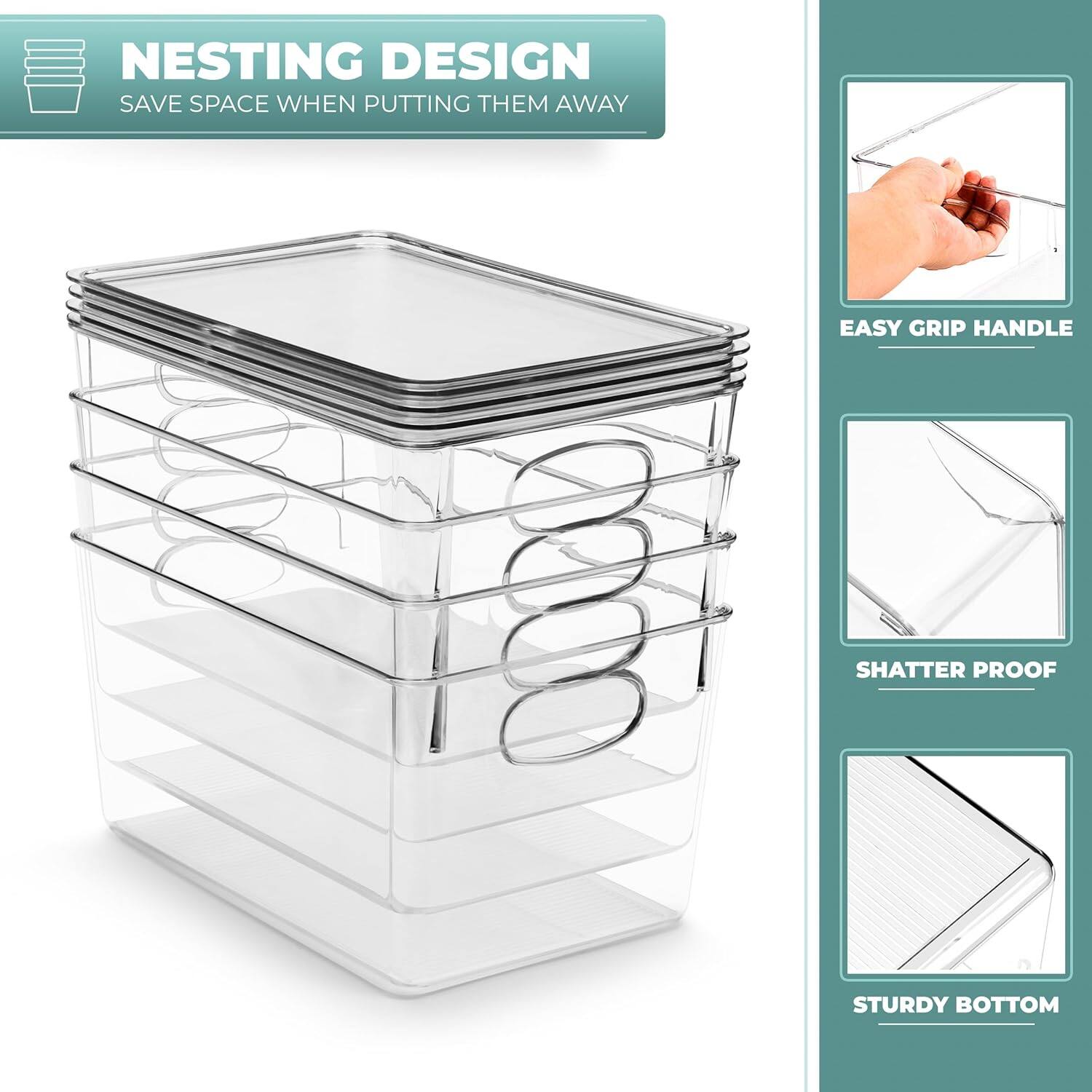 NESTING DESIGN  
SAVE SPACE WHEN PUTTING THEM AWAY  

EASY GRIP HANDLE  

SHATTER PROOF  

STURDY BOTTOM