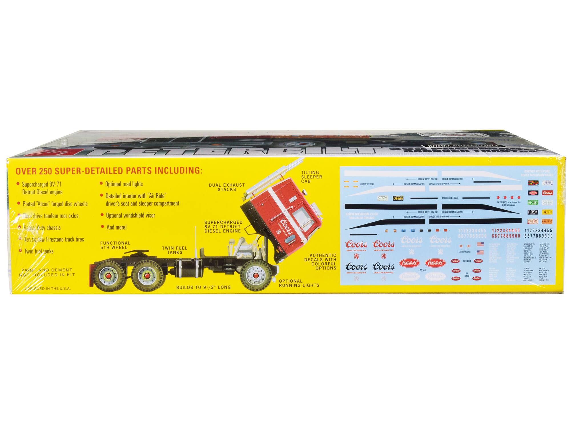 OVER 250 SUPER-DETAILED PARTS INCLUDING:

- Supercharged 8V-71 Detroit Diesel engine
- Plated "Alcoa" forged disc wheels
- Optional road lights
- Detailed interior with "Air Ride"
- Driver's seat and sleeper compartment
- Optional windshield visor
- Dual exhaust stacks
- Tilt drive tandem rear axles
- Hasty chassis
- Twin Firestone truck tires
- Twin fuel tanks
- Functional 5th wheel
- And more!

PAINT AND CEMENT PAINTED IN KIT

BUILDS TO 9 1/2" LONG

AUTHENTIC DECALS WITH COLORFUL OPTIONS

OPTIONAL RUNNING LIGHTS

TILTING SLEEPER CAB

FUNCTIONAL 5TH WHEEL

TWIN FUEL TANKS

PAINT AND CEMENT PAINTED IN KIT

BUILDS TO 9 1/2" LONG

AUTHENTIC DECALS WITH COLORFUL OPTIONS

OPTIONAL RUNNING LIGHTS

PAINT AND CEMENT PAINTED IN KIT

BUILDS TO 9 1/2" LONG

AUTHENTIC DECALS WITH COLORFUL OPTIONS

OPTIONAL RUNNING LIGHTS

PAINT AND C